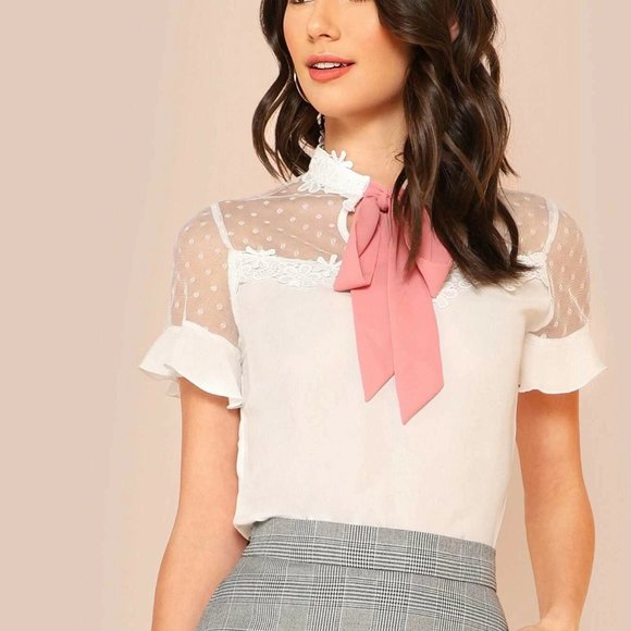 Dobby mesh yoke tie neck guipure lace top shirt with bow - Picture 3 of 6